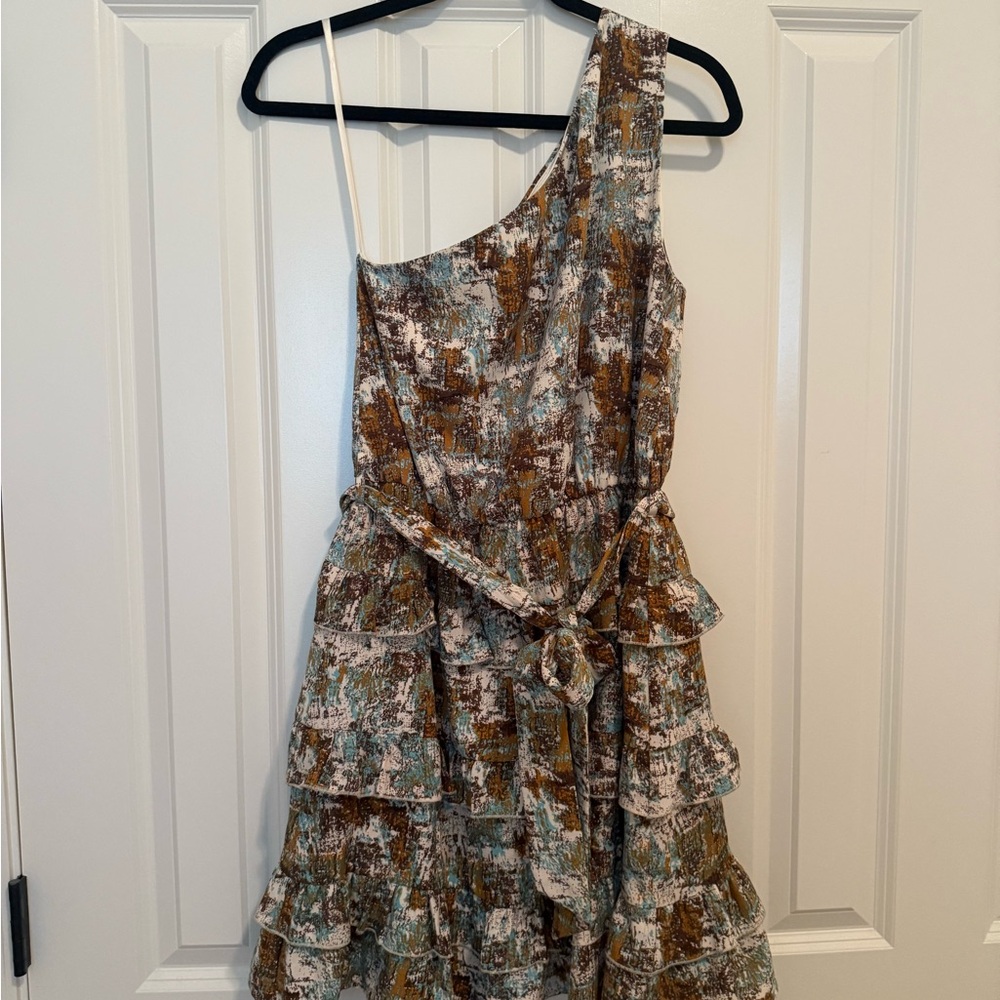 She and Sky One-Shoulder Dress in Brown and Cream